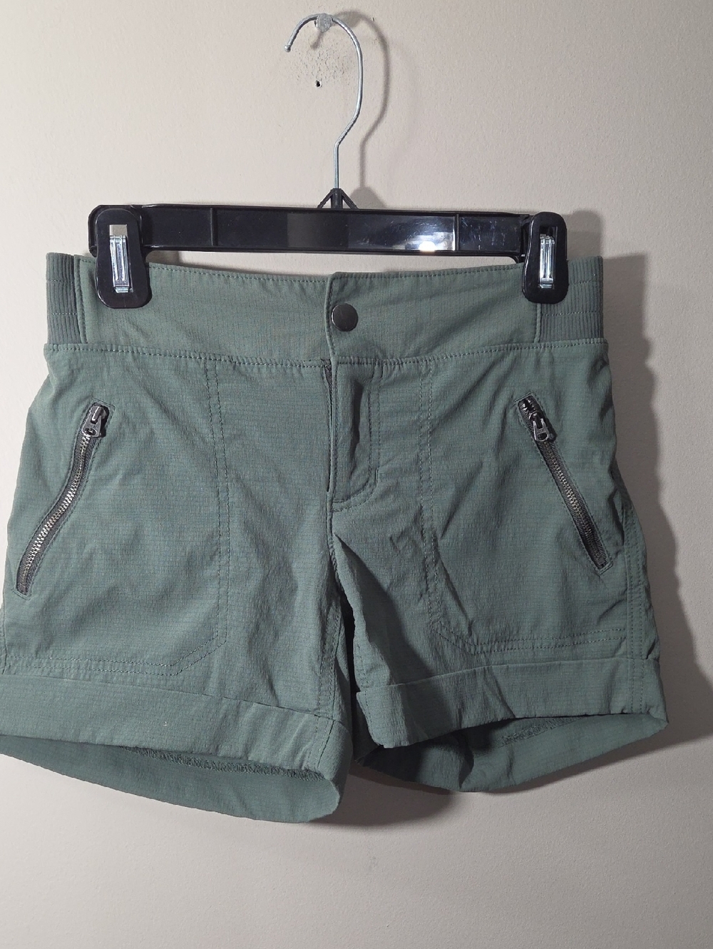 Athleta Olive Green Zipper-Pocket Athletic Shorts